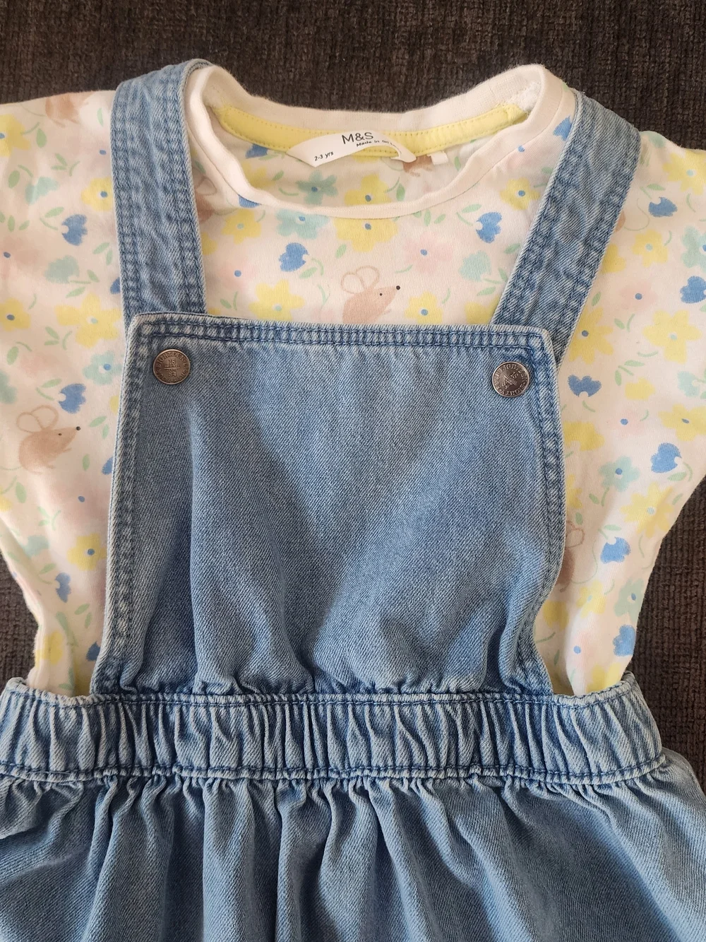 M&S Mouse Flower Nature Lover Denim Overall Dress & T-Shirt, Cottage Girls 2-3 Y